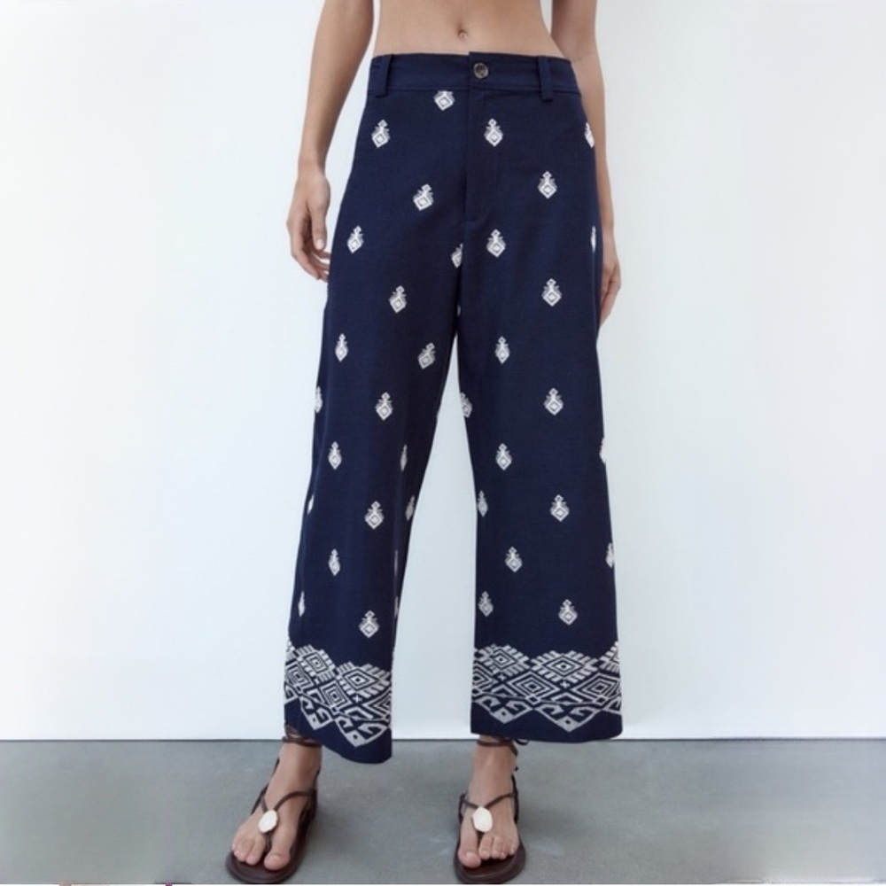 Zara Dark Blue Wide Leg Pants with White Embroidery